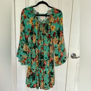 Johnny Was Turquoise Floral Mini Dress with Yellow & Red Blooms